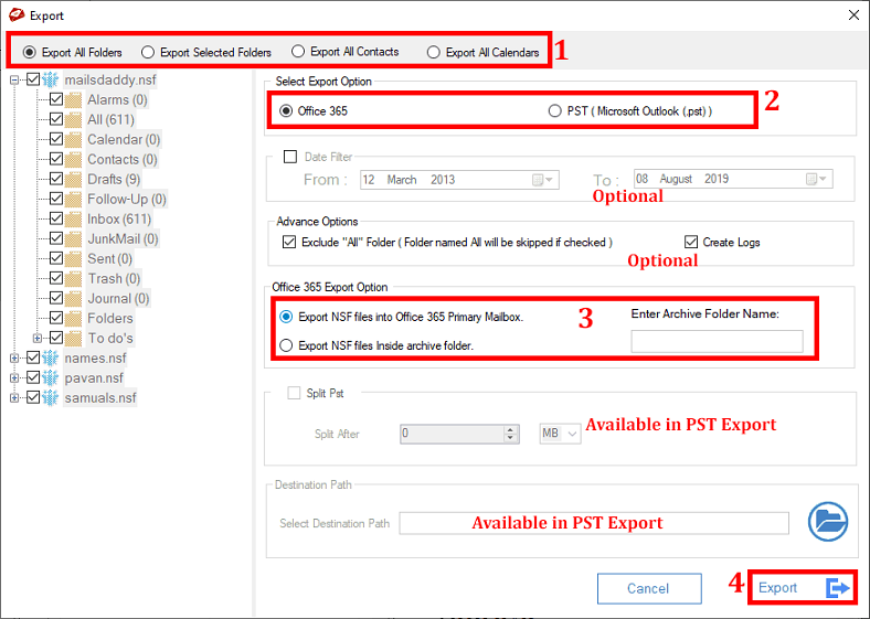 Select required options and click the Export button