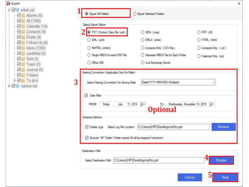 Select required options and press the Export button